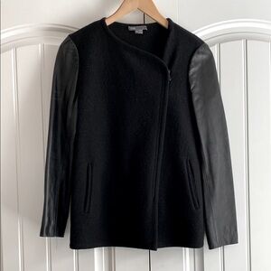 Vince Women's Size XS Black‎ Leather Sleeve Asymmetrical Boucle Wool Jacket